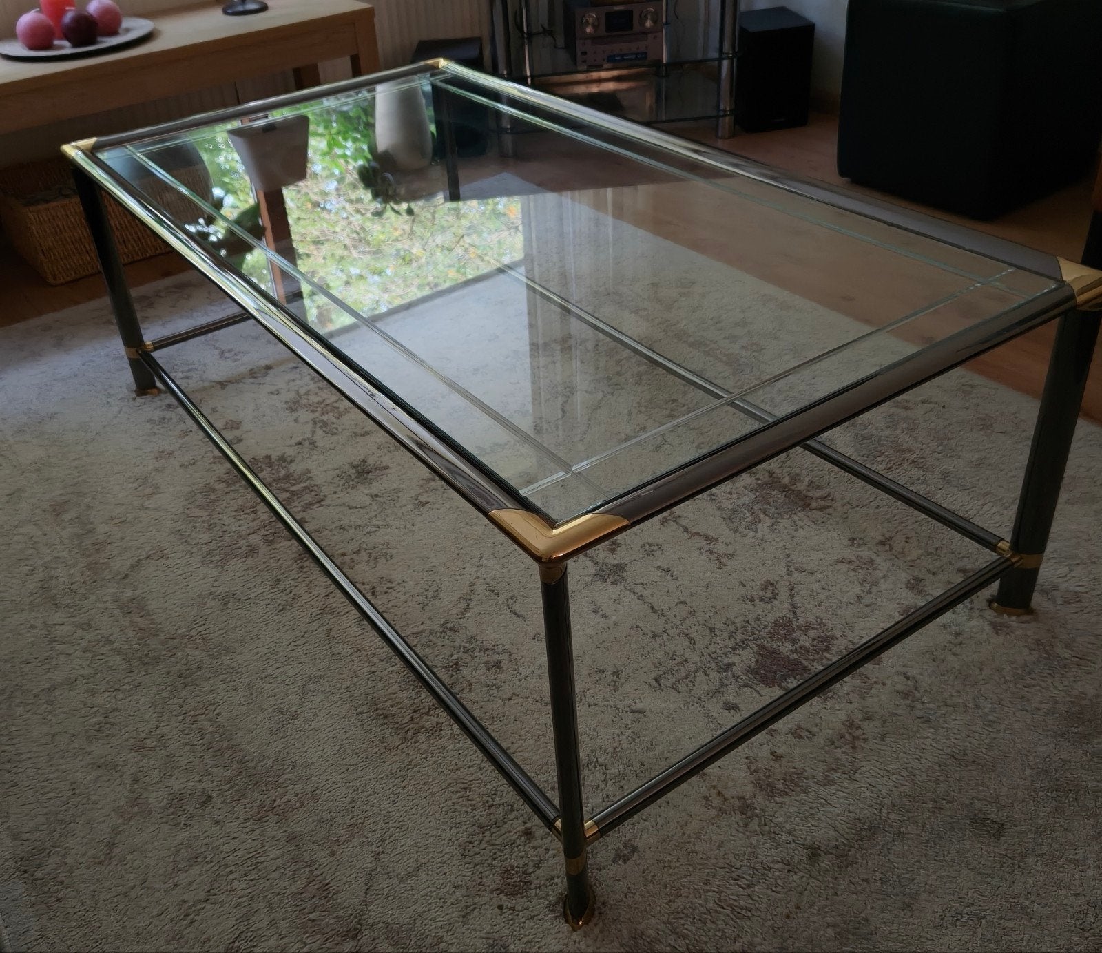 Salontafel glas met messing 130x50 cm, Huis en Inrichting, Ophalen, Gebruikt, 100 tot 150 cm, 50 tot 100 cm
