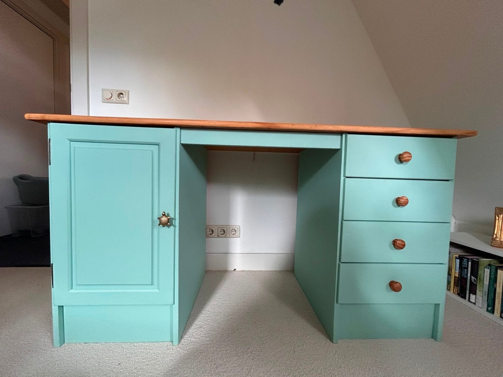 Houten bureau met lades en kastje - Mintgroen/Naturel, Ophalen, Overige typen, Groen, Gebruikt