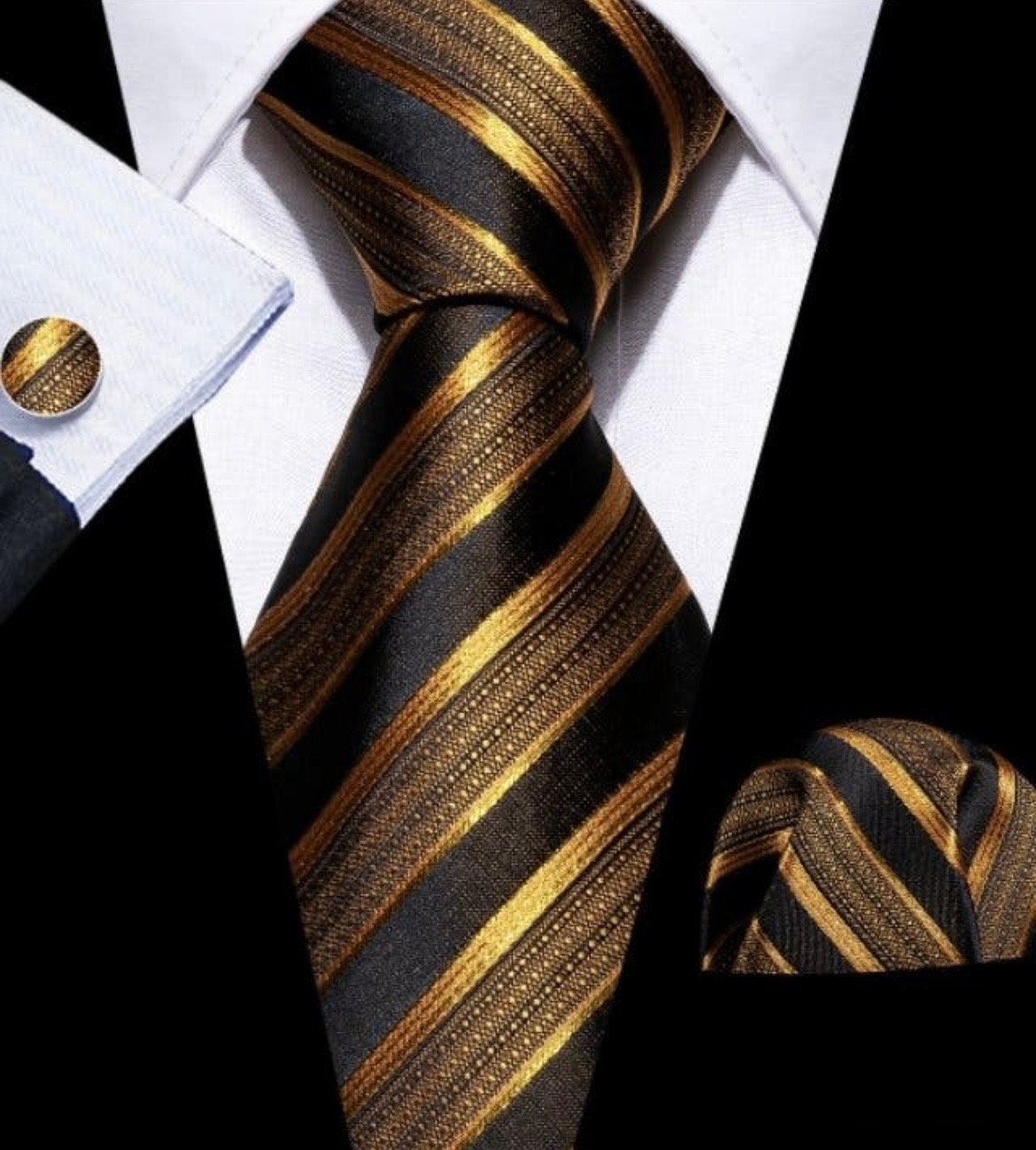 Luxe Stropdas Set: Zijden Stropdas, Pochet & Manchetknopen, Ophalen of Verzenden, Nieuw, Goud, Met patroon