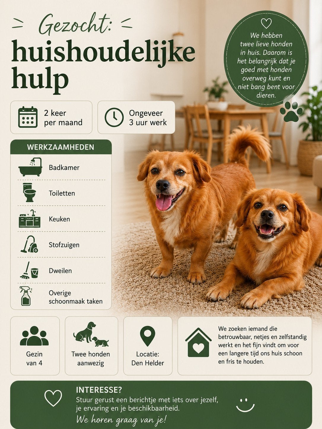 Huishoudelijke hulp gezocht (2x per maand)