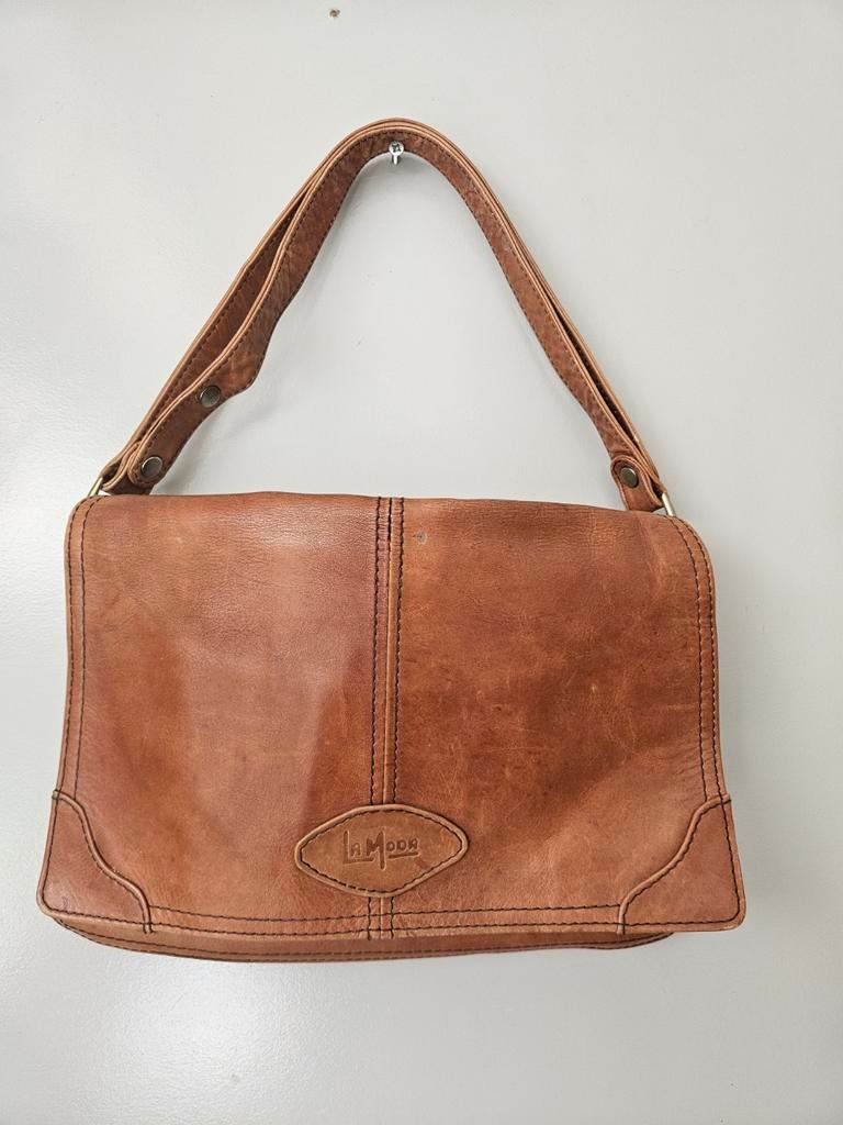 Vintage La Moda Leren Schoudertas/Crossbody Tas, Overige merken, Gebruikt, Bruin, Ophalen of Verzenden