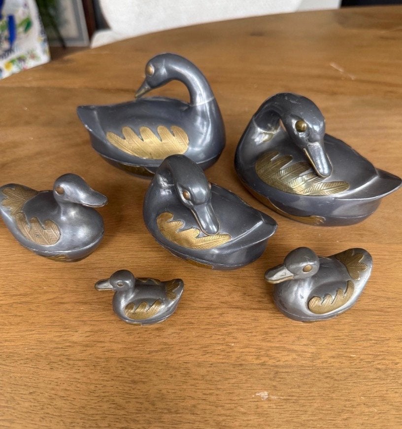 Set van 6 vintage tinnen eenden met gouden accenten, Ophalen of Verzenden