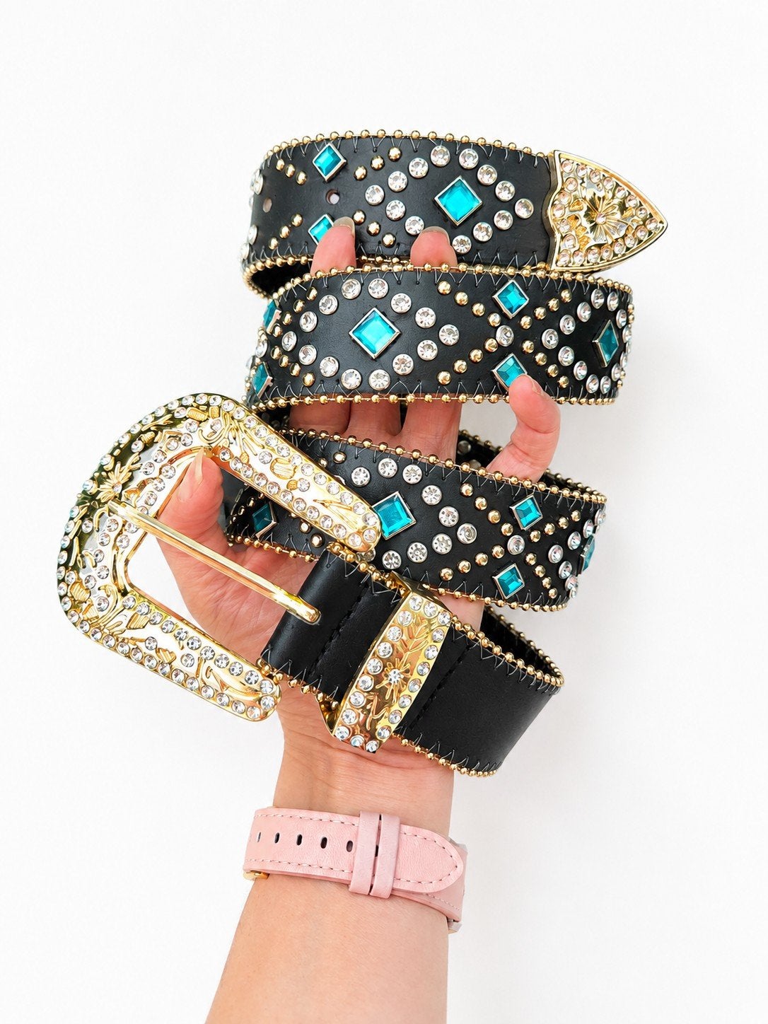 Zwarte western riem met turquoise strass details – 105 cm, 100 cm of meer, Verzenden, Zwart, Nieuw