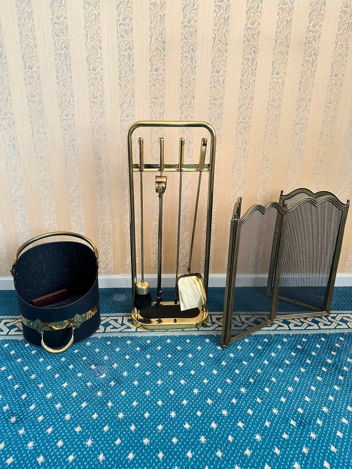 Complete messing haardset: haardstel, scherm en kolenkit, Ophalen, Vintage, Gebruikt, Goud