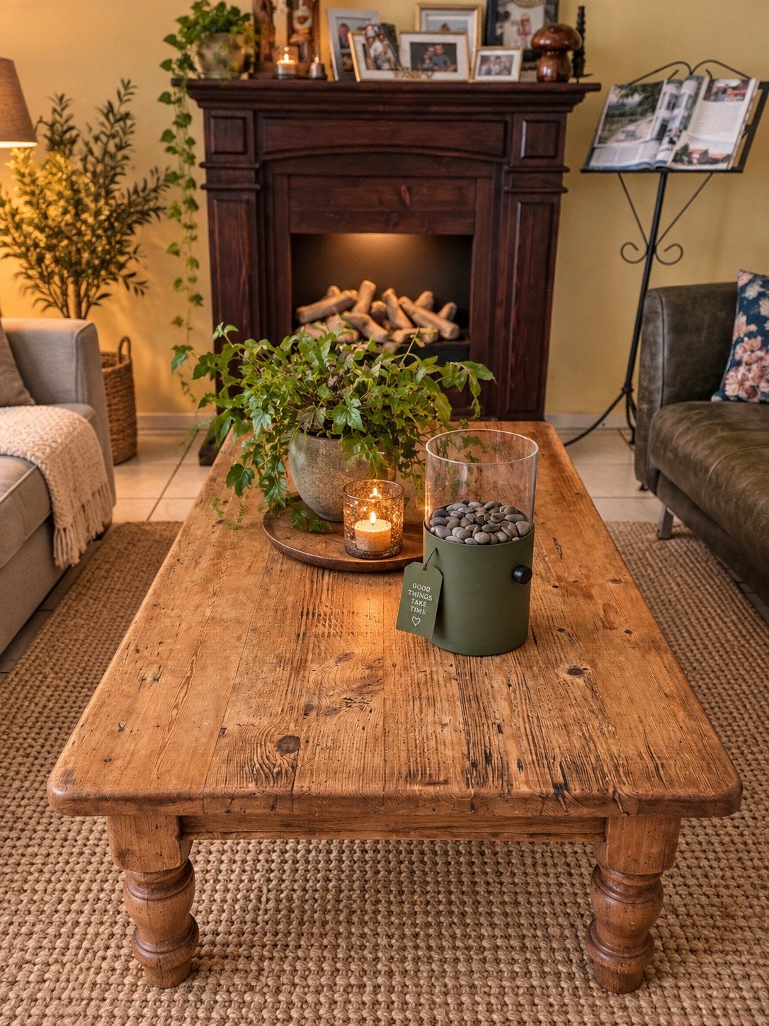 Robuuste houten salontafel met gedraaide poten, 50 – 75, Gebruikt, 100 tot 150 cm, Landelijke, rustieke stijl