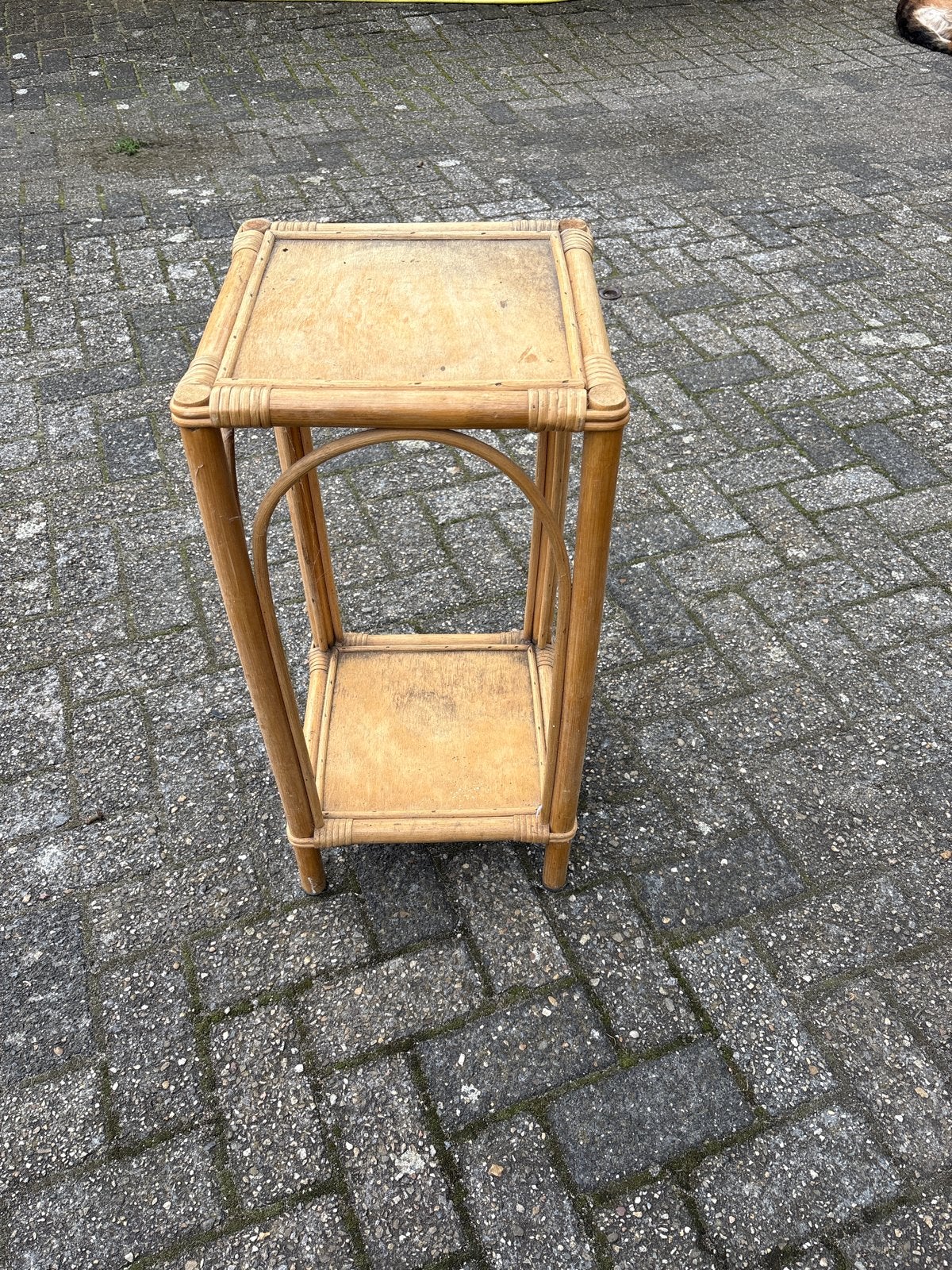 Vintage bamboe plantentafel/bijzettafel, 45 tot 60 cm, Minder dan 55 cm, Gebruikt, Vierkant