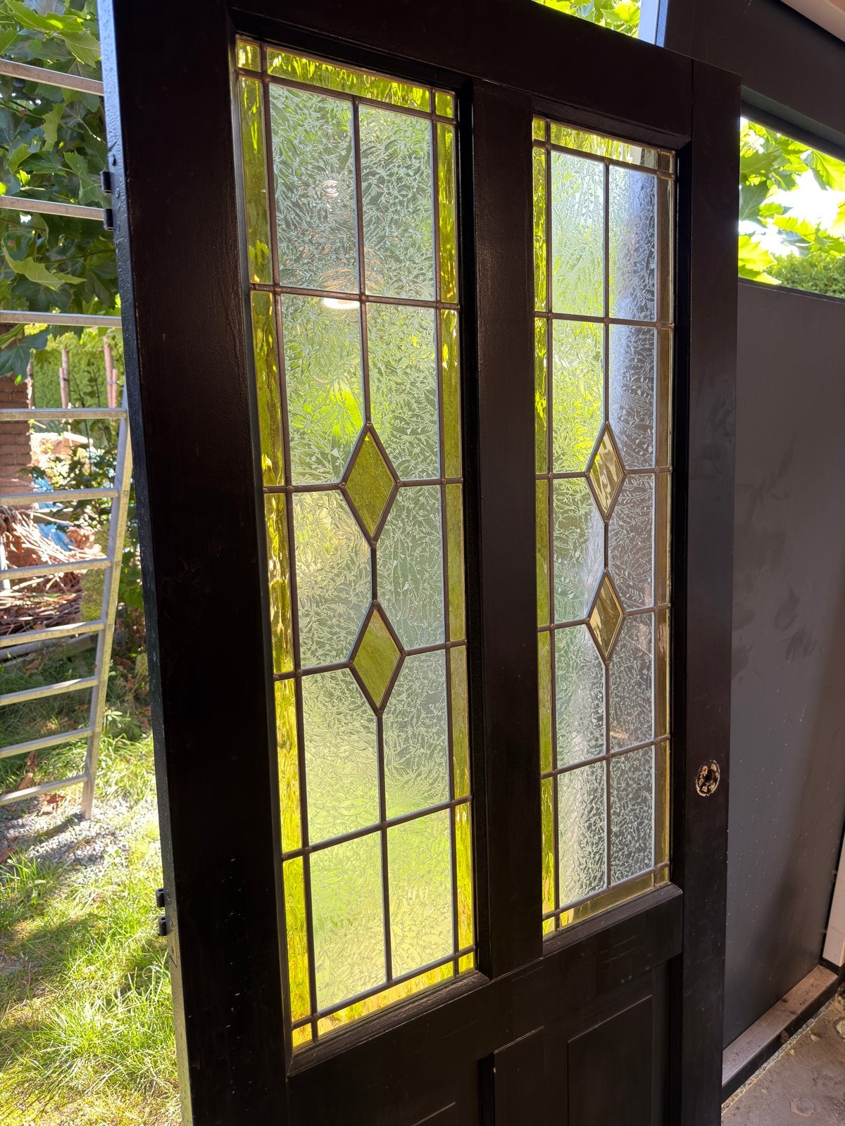 Hardhouten binnendeur met glas-in-lood, 201x82,5cm, Doe-het-zelf en Verbouw, Deuren en Horren, Ophalen, Gebruikt, 80 tot 100 cm