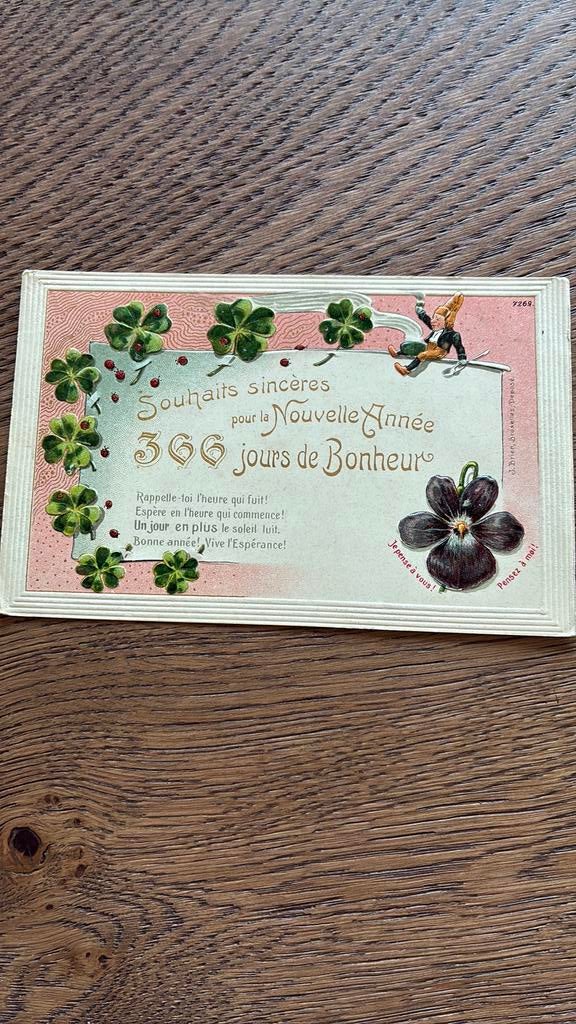 Wens.366 dagen vol geluk,reliefkaart,klaver,kaboutertje,, Ophalen of Verzenden, Voor 1920, Ongelopen