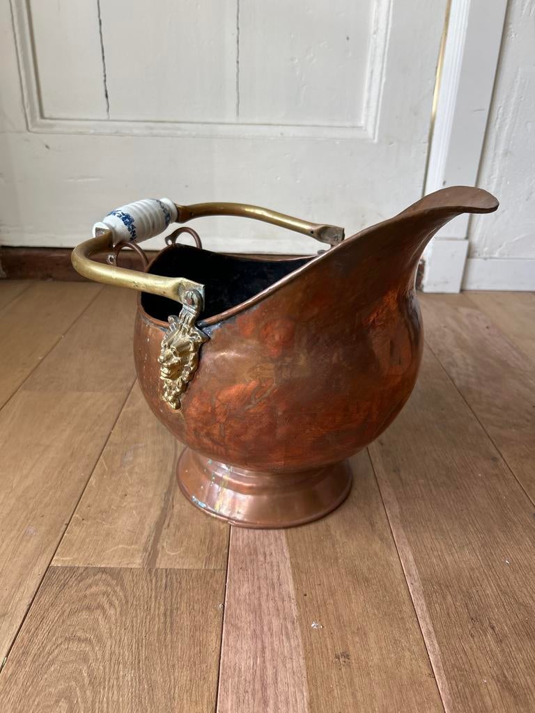 Koperen kolen emmer met porseleinen handvat, Ophalen of Verzenden, Koper