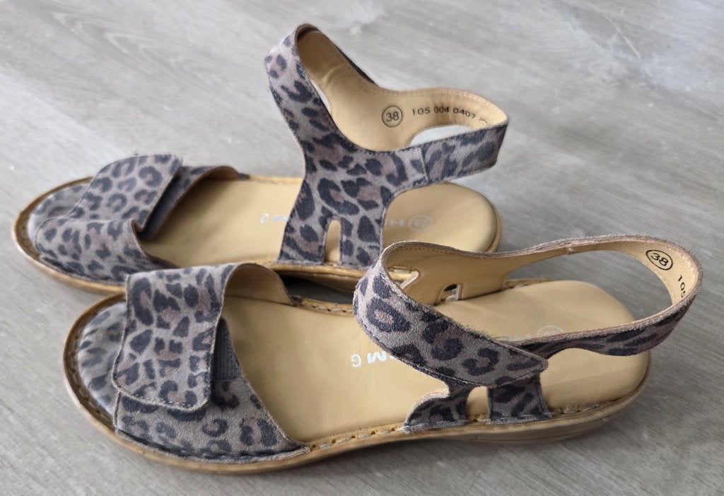 Z.g.a.n. dames sandalen, Helioform met pantermotief, maat 38, Beige, Zo goed als nieuw, Helioform, Sandalen of Muiltjes