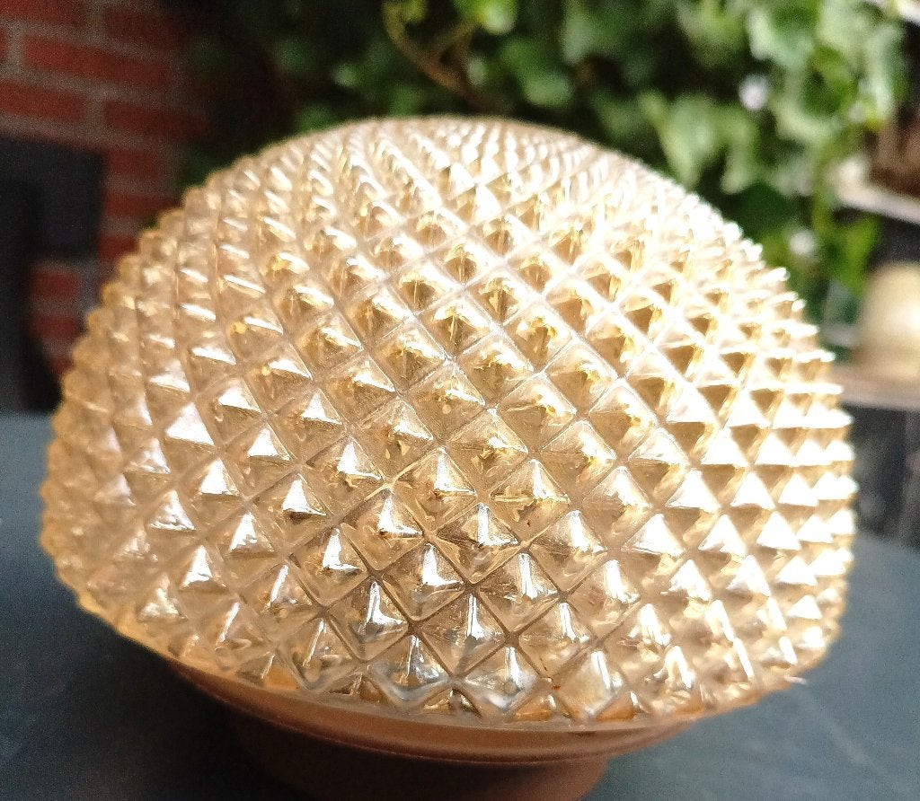 Amber Plafondlamp met dennenappel reliëf '' -ananas patroon, Huis en Inrichting, Gebruikt, Jaren 70, Ophalen of Verzenden, Goud