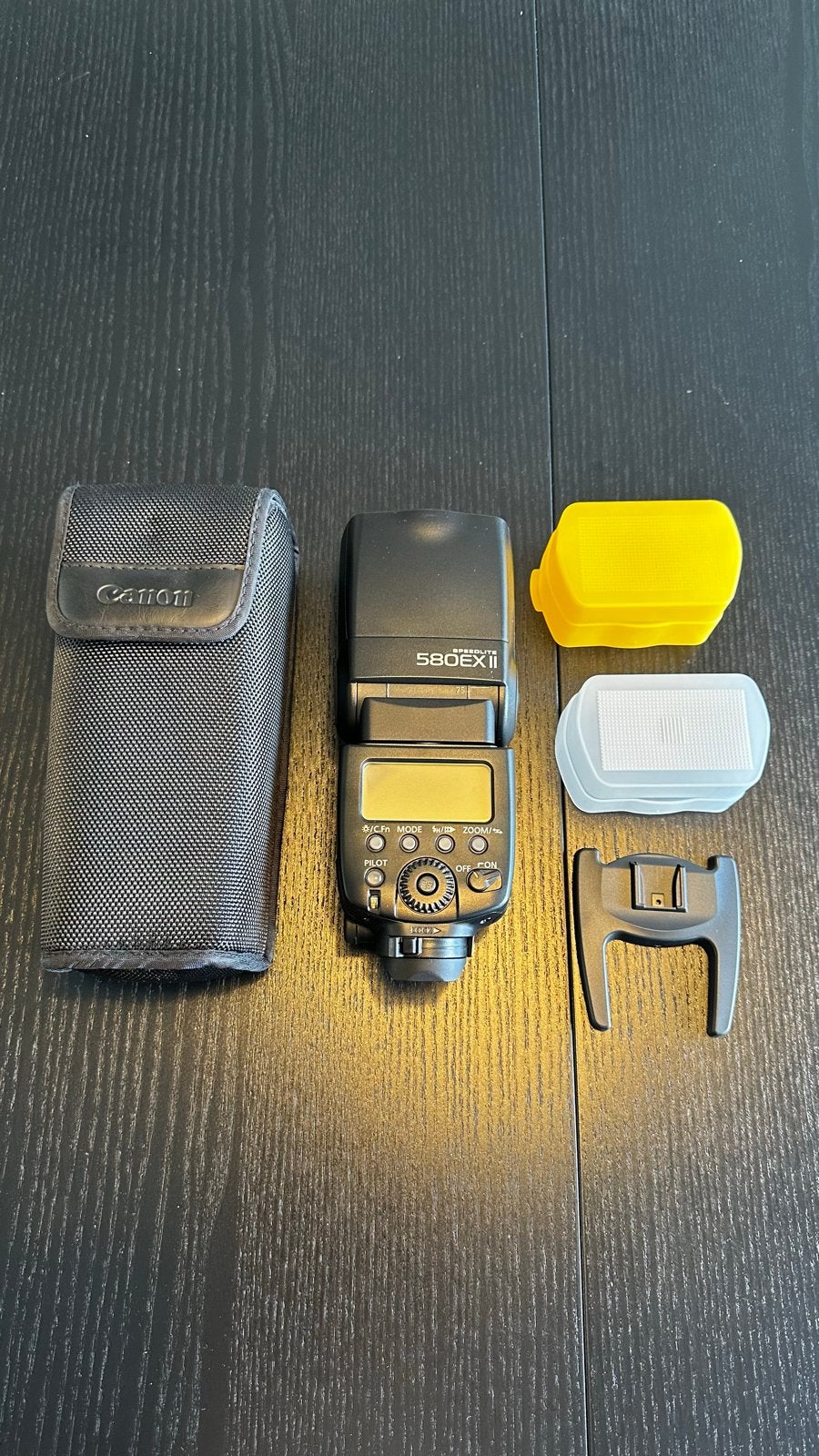 Canon Speedlite 580EX II flitser met accessoires, Gebruikt, Diffuser, Canon, Externe flitser