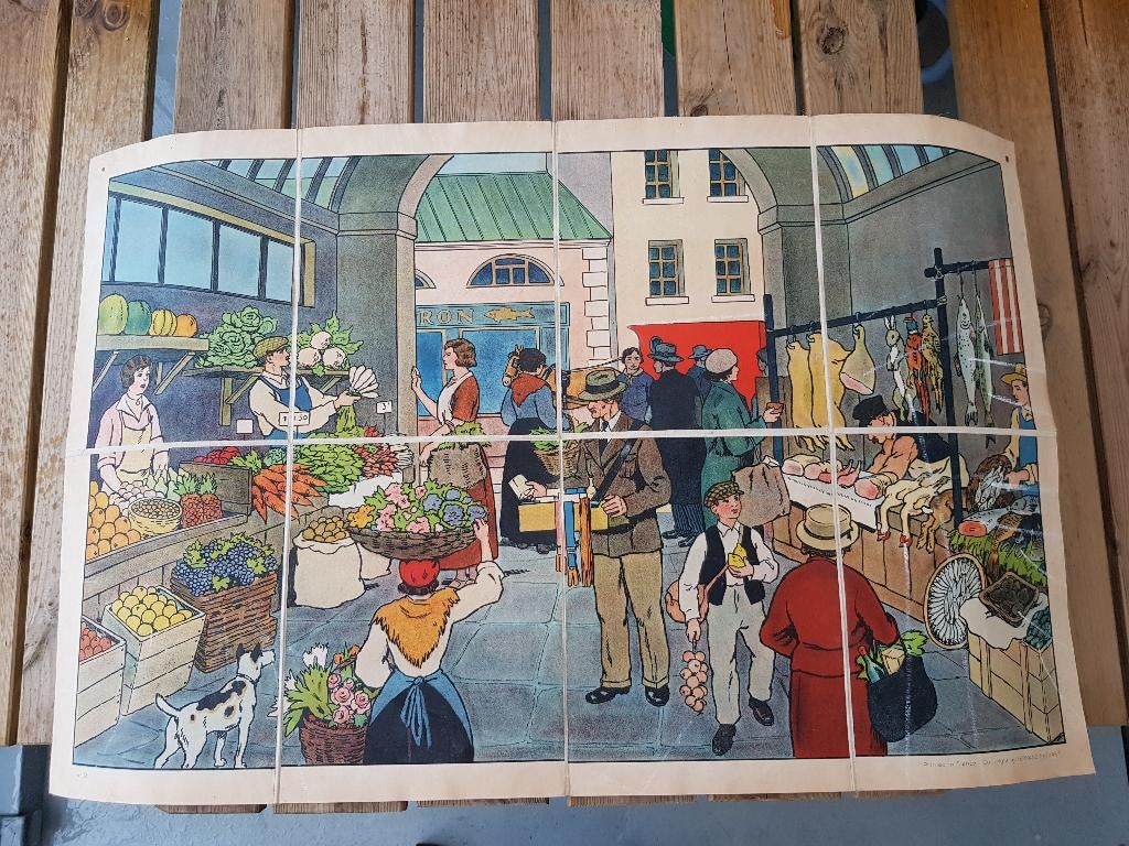 Op de markt oude schoolplaat uit Frankrijk litho op canvas., Ophalen of Verzenden