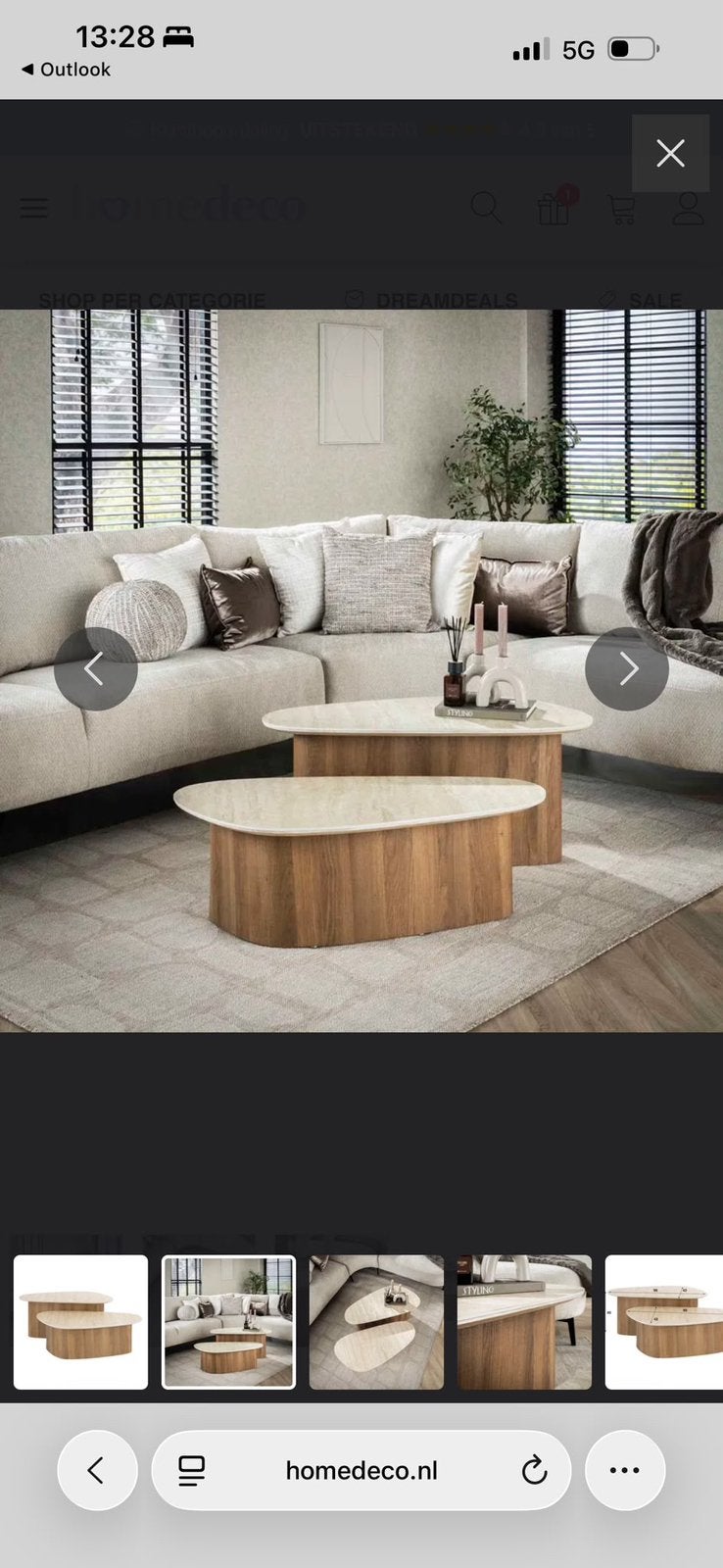 Salontafel Driehoek Walnoot/Travertien, 90x43x40, prima staa, Ophalen, Zo goed als nieuw