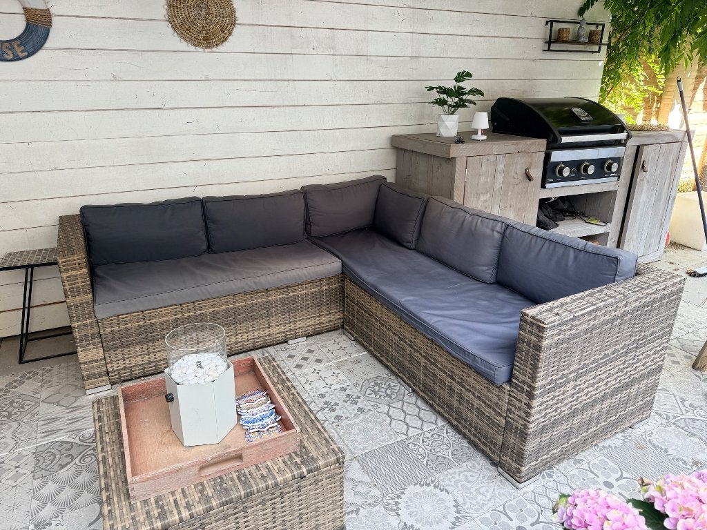 Wicker Loungeset hoekbank 4/5 persoons, Tuin en Terras, Ophalen, 5 zitplaatsen, Gebruikt, Bank