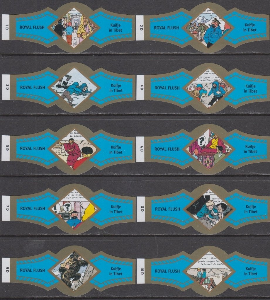 Sigarenbanden Kuifje in Tibet, Royal Flush 1D-10D blauw-goud, Verzamelen, Ophalen of Verzenden, Nieuw, Sigarenbandjes