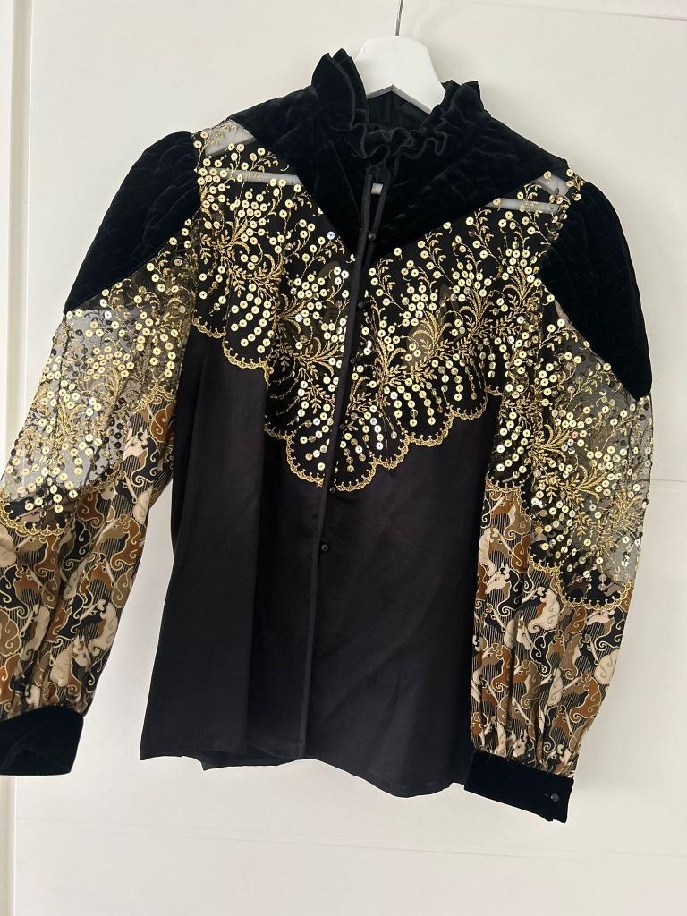 Vintage Leeser Werstern Blouse Zwart Paarden Opdruk M, Ophalen of Verzenden, Zo goed als nieuw, Maat 38/40 (M), Zwart
