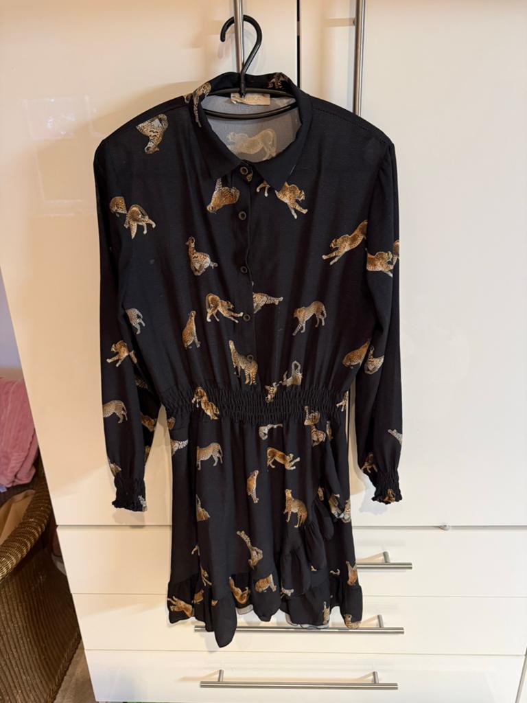 Ambika zwarte jurk met panters, maat M, Kleding | Dames, Jurken, Maat 38/40 (M), Zwart, Ophalen of Verzenden, Gedragen