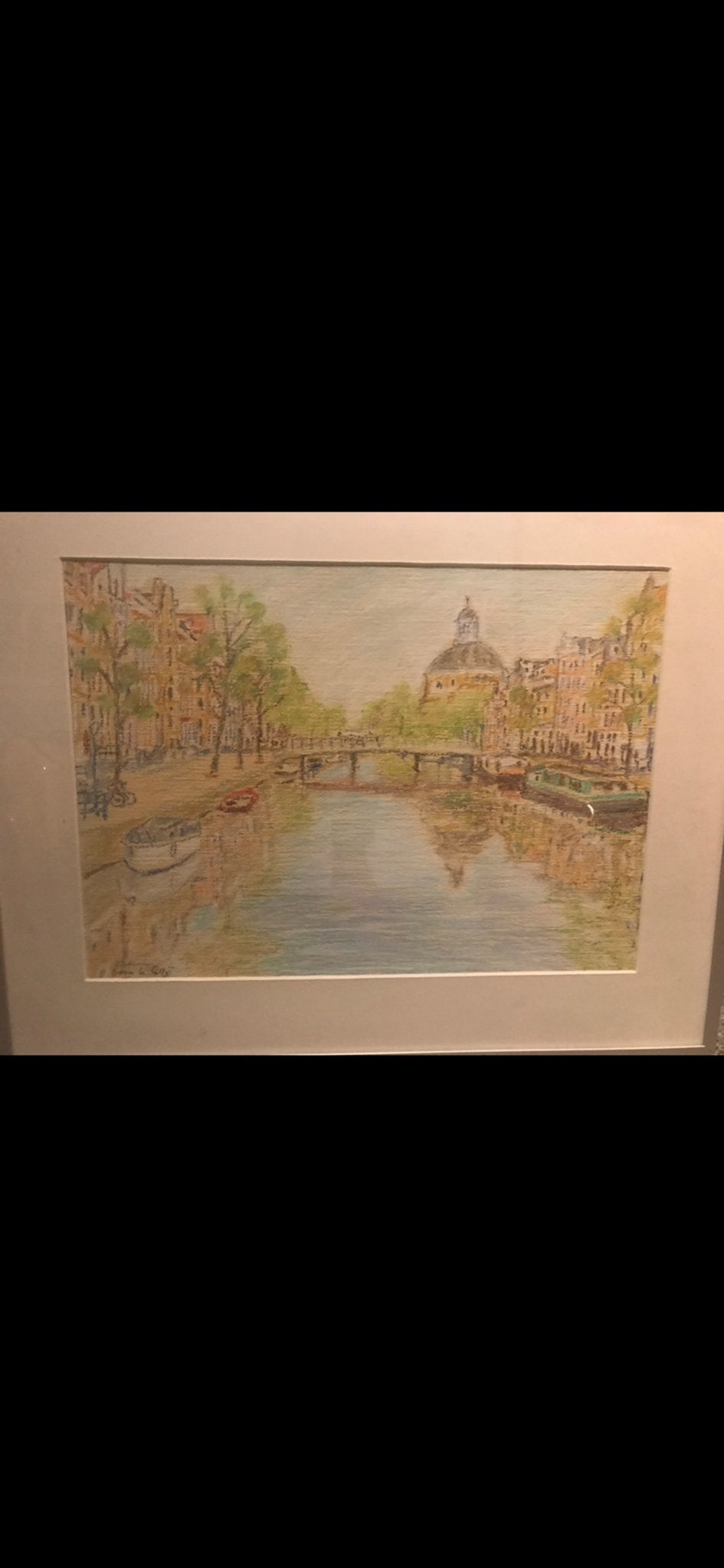 Sfeervolle tekening van Amsterdamse gracht, Realistisch, Ophalen of Verzenden, Gesigneerd, Tekening