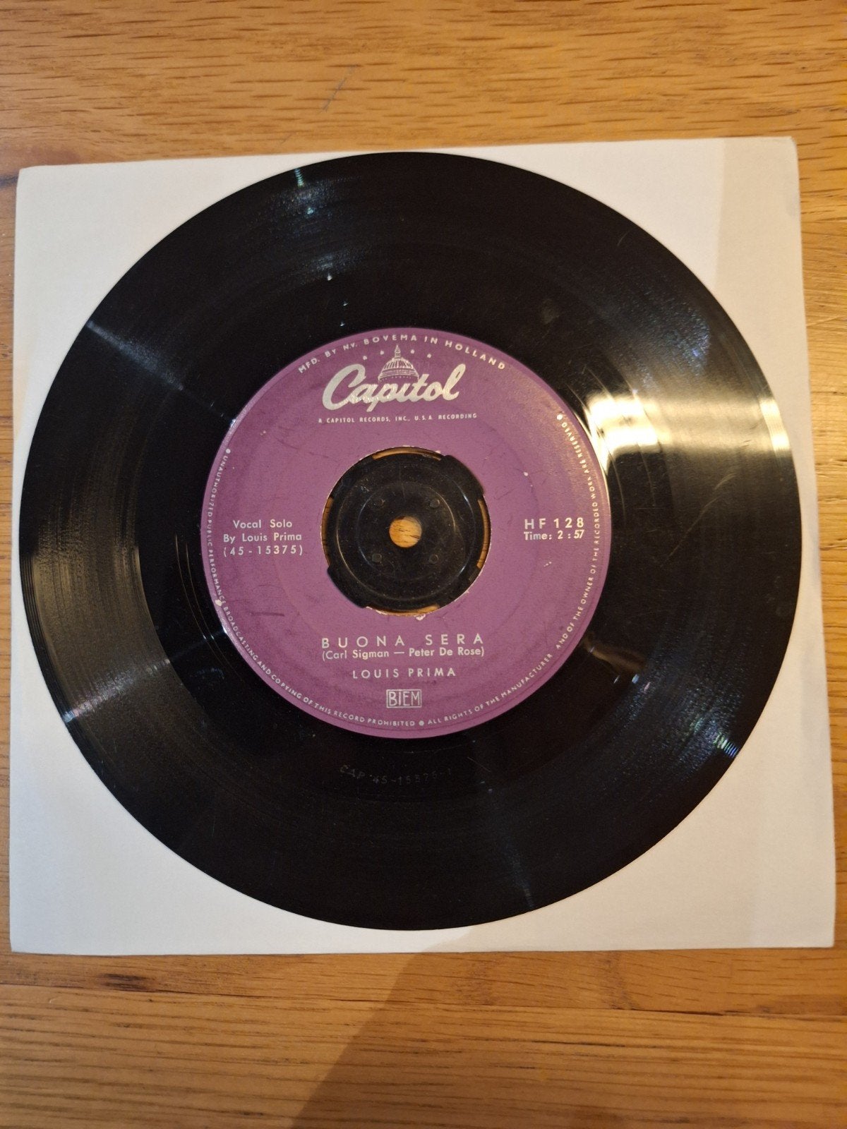 Louis Prima - Buona Sera vinyl single (Capitol HF 128), Gebruikt, Voor 1960, 7 inch, Single