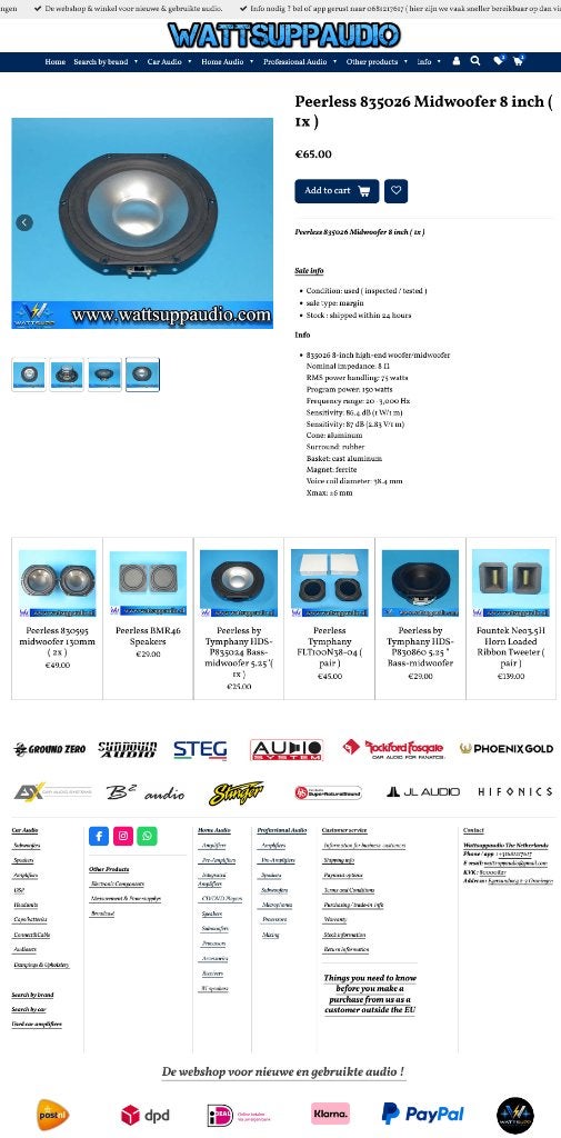 Peerless 835026 Midwoofer 8 inch ( 1x ) speaker, Overige merken, ., Overige typen, Ophalen of Verzenden