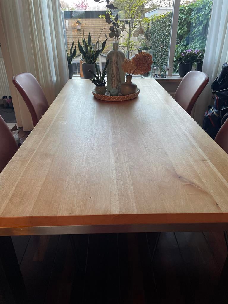 Hollands notenhouten eettafel met RVS onderstel, Huis en Inrichting, Tafels | Eettafels, Ophalen, 200 cm of meer, 50 tot 100 cm