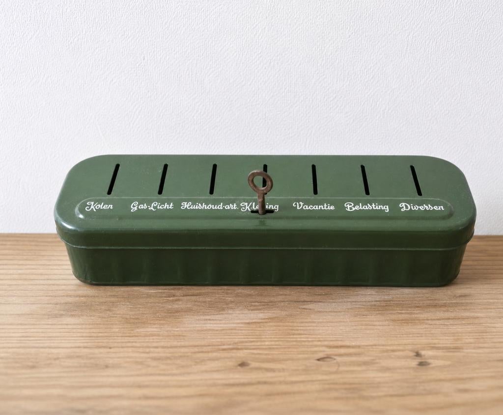 Vintage Brabantia spaarblik jaren '50 met originele sleutel, Verzamelen, Spaarpotten, Ophalen of Verzenden, Gebruikt, Metaal of Blik