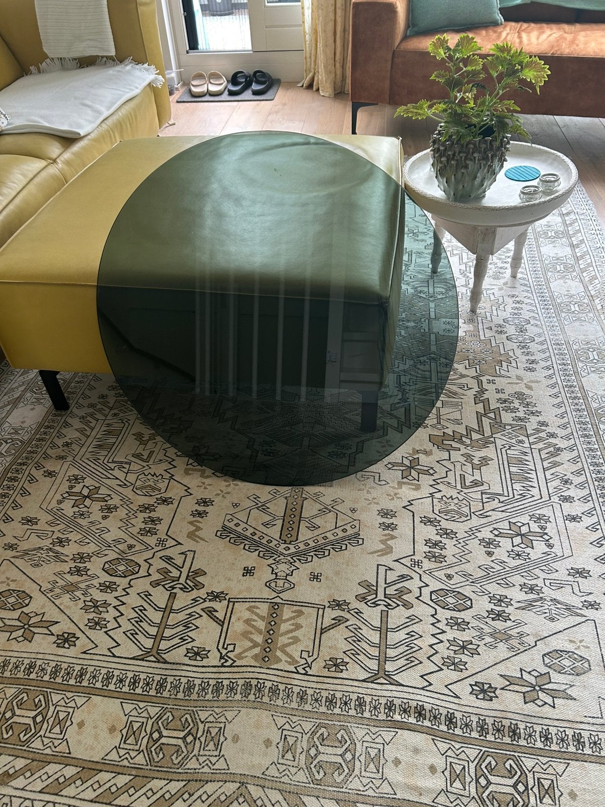 Glasplaat rond 75 cm x 1cm dik gerookt glas, Huis en Inrichting, Tafels | Salontafels, Ophalen, Rond, 50 tot 100 cm, 75 – 100