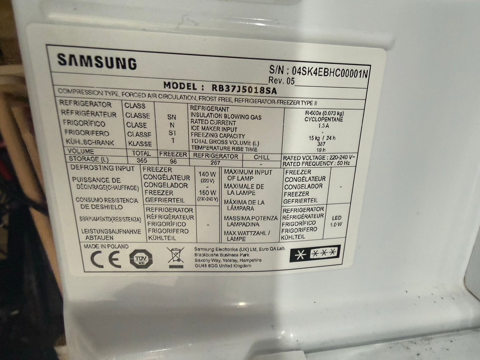 Samsung RB37J5018SA Koel-vriescombinatie A+++ No Frost, Gebruikt, 200 liter of meer, Met aparte vriezer, Energieklasse A of zuiniger