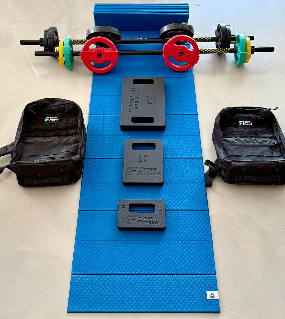 Home fitnessset: 2 LMX Bodypump + 2 Force Fitness Rucksack, Ophalen, Zo goed als nieuw, Benen, Halterset