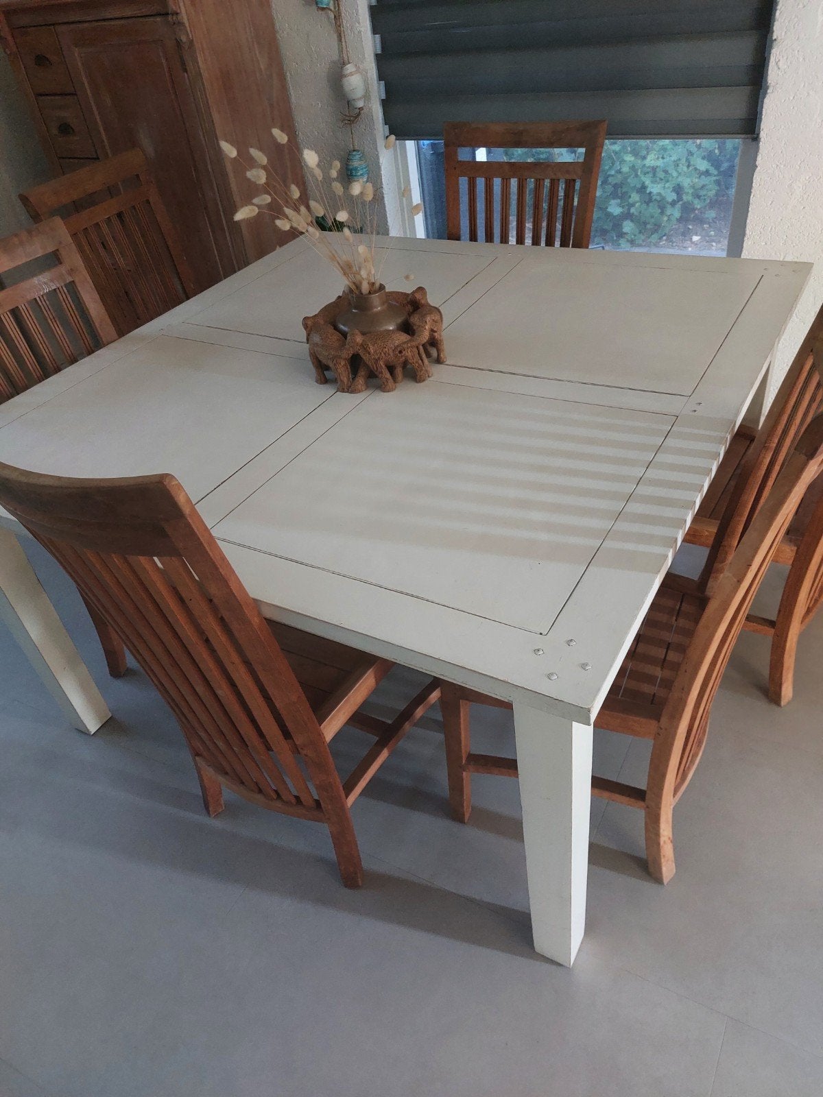 Robuuste houten vierkante eettafel,  wit, Ophalen, Gebruikt, Vierkant, Vijf personen of meer