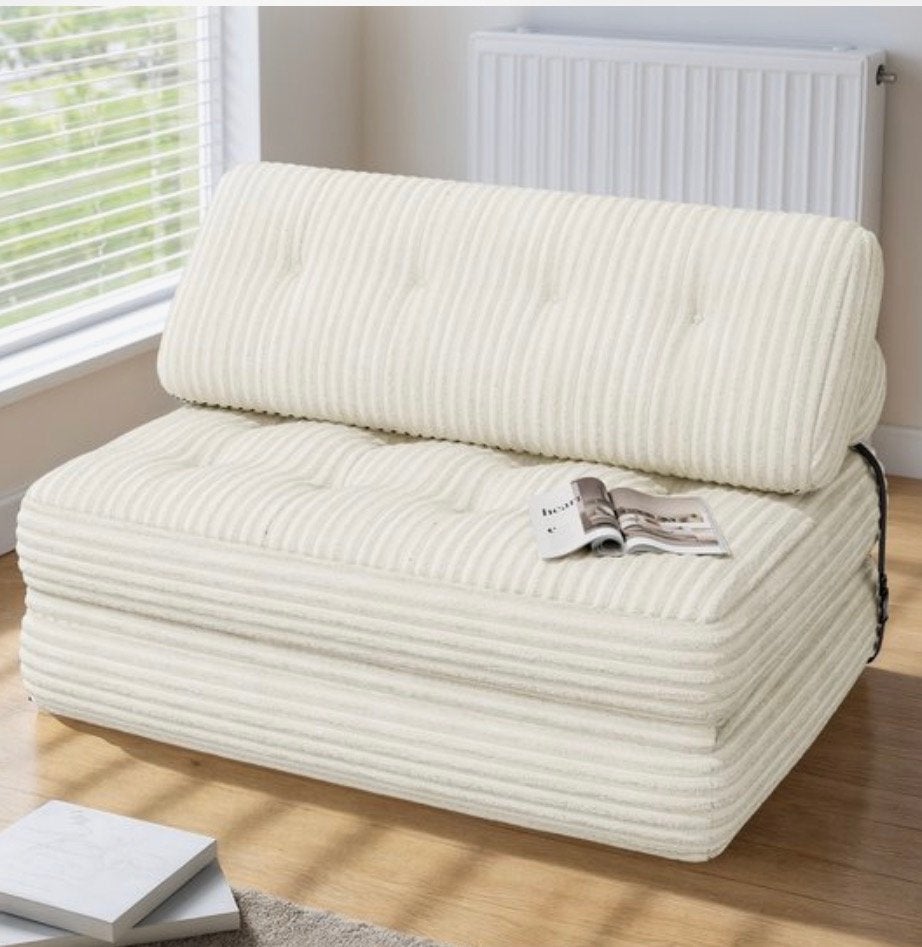 Mooie opvouwbare slaapbank van corduroy - Beige, Huis en Inrichting, Ophalen, Beige, Tweepersoons, Zo goed als nieuw
