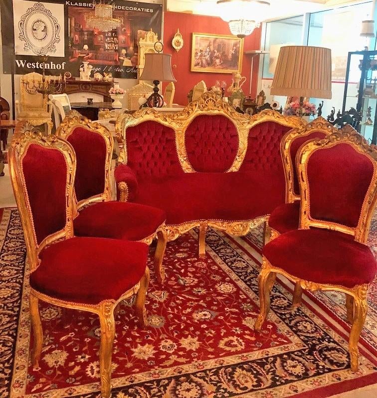 Set / 5 delig barok bankstel met 4 stoelen antiek rood goud
