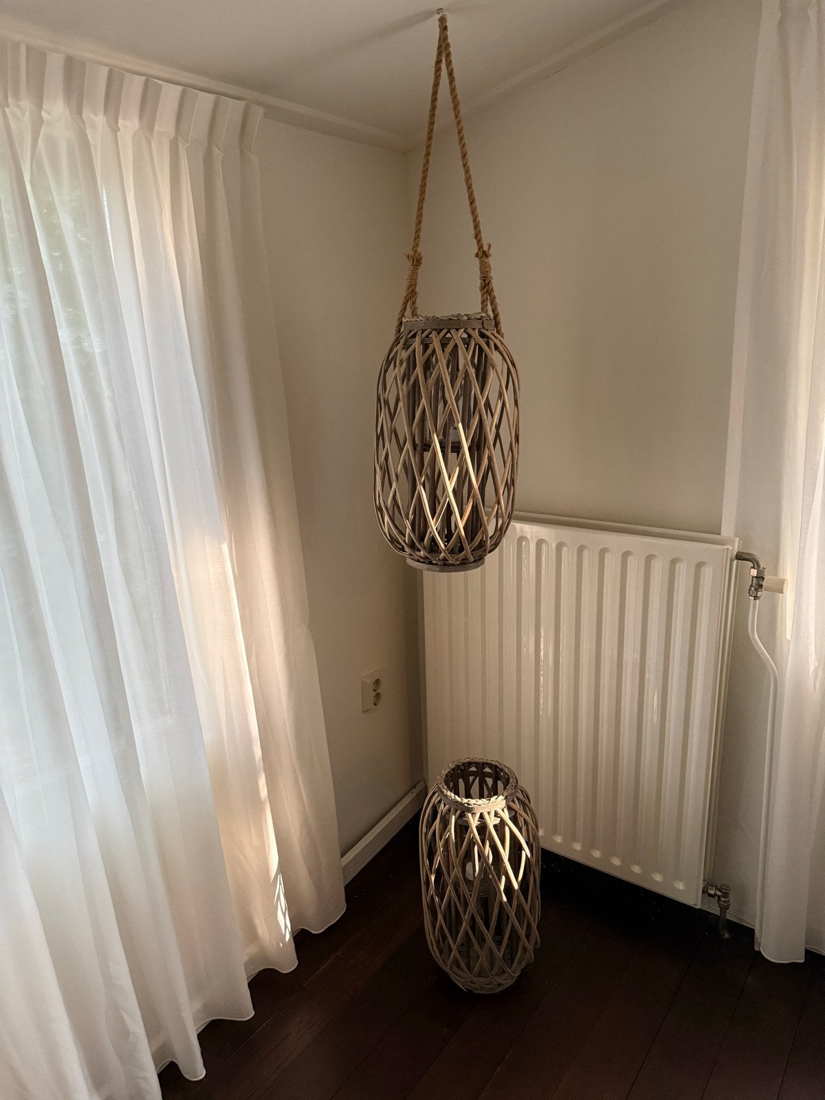 Set van 2 rotan lantaarns met touw, voor binnen en buiten, Ophalen, Natuurlijk materiaal, Bruin, Landelijk