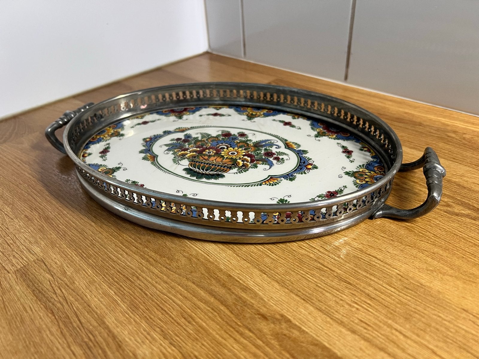 Vintage Schoonhoven Keramiek dienblad met bloemmotief, Ophalen of Verzenden