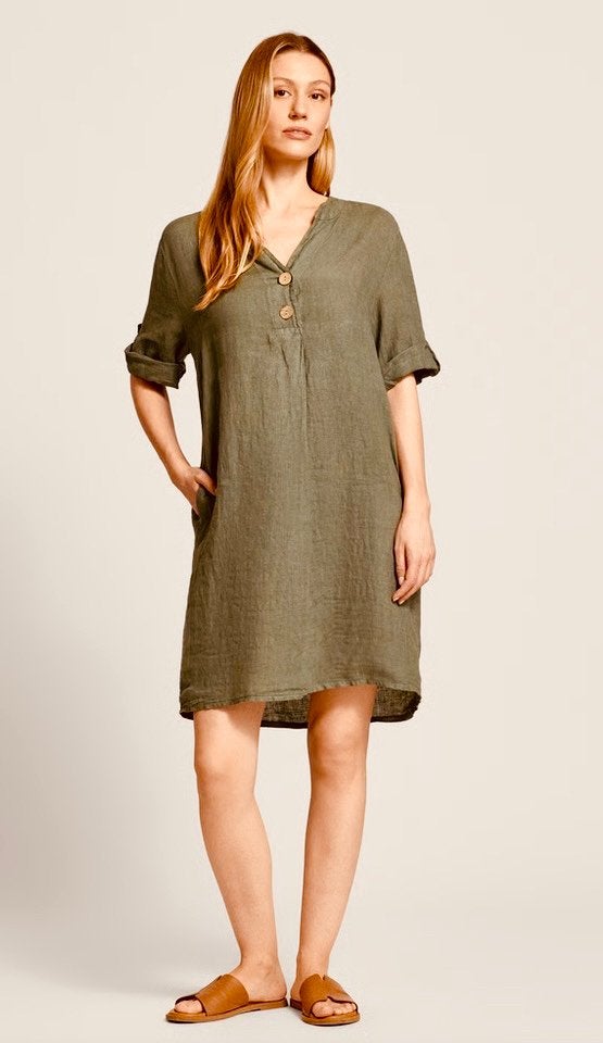 Tuniekjurk van linnen met V-hals M/L Completo Lino, Kleding | Dames, Maat 38/40 (M), Verzenden, Zo goed als nieuw, Knielengte