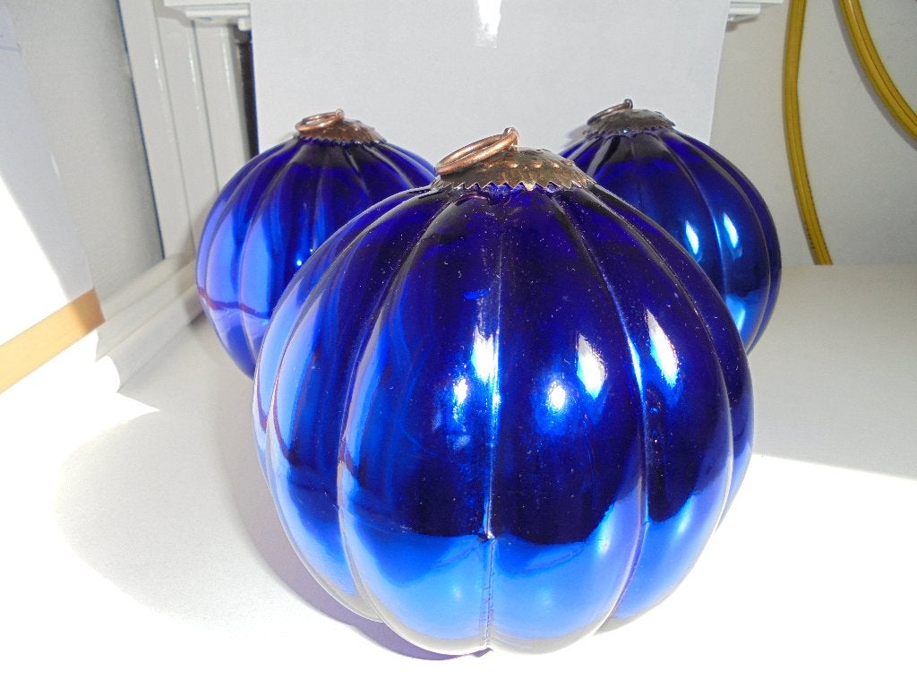 Heksenbollen 3 stuks Zwaar Glas Kerstballen Kerst blauw, Ophalen