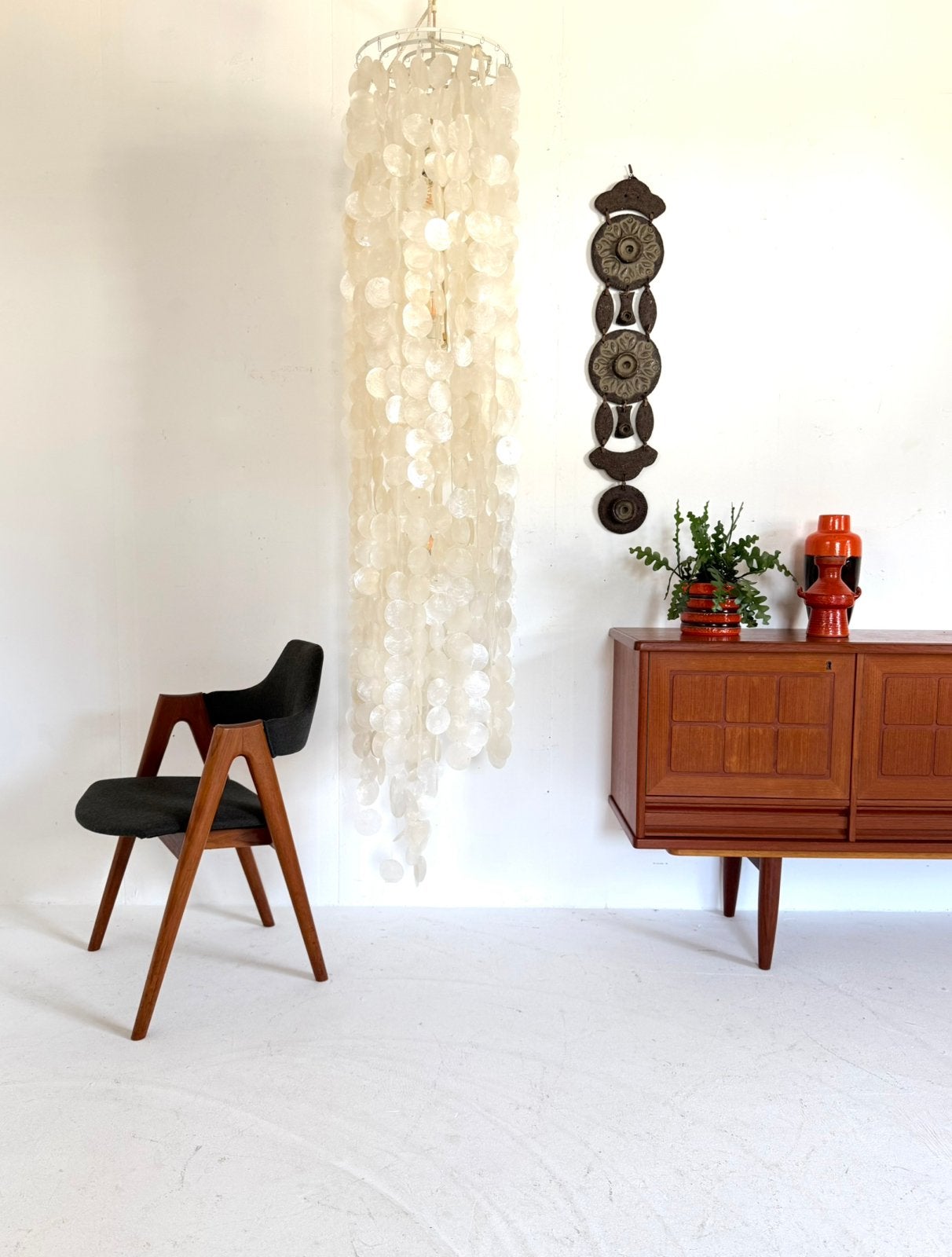 Vintage XXL (200cm) capiz schelpen hanglamp, Italië ‘80, Metaal, Vintage retro buisframe design rotan webbing papercord deens