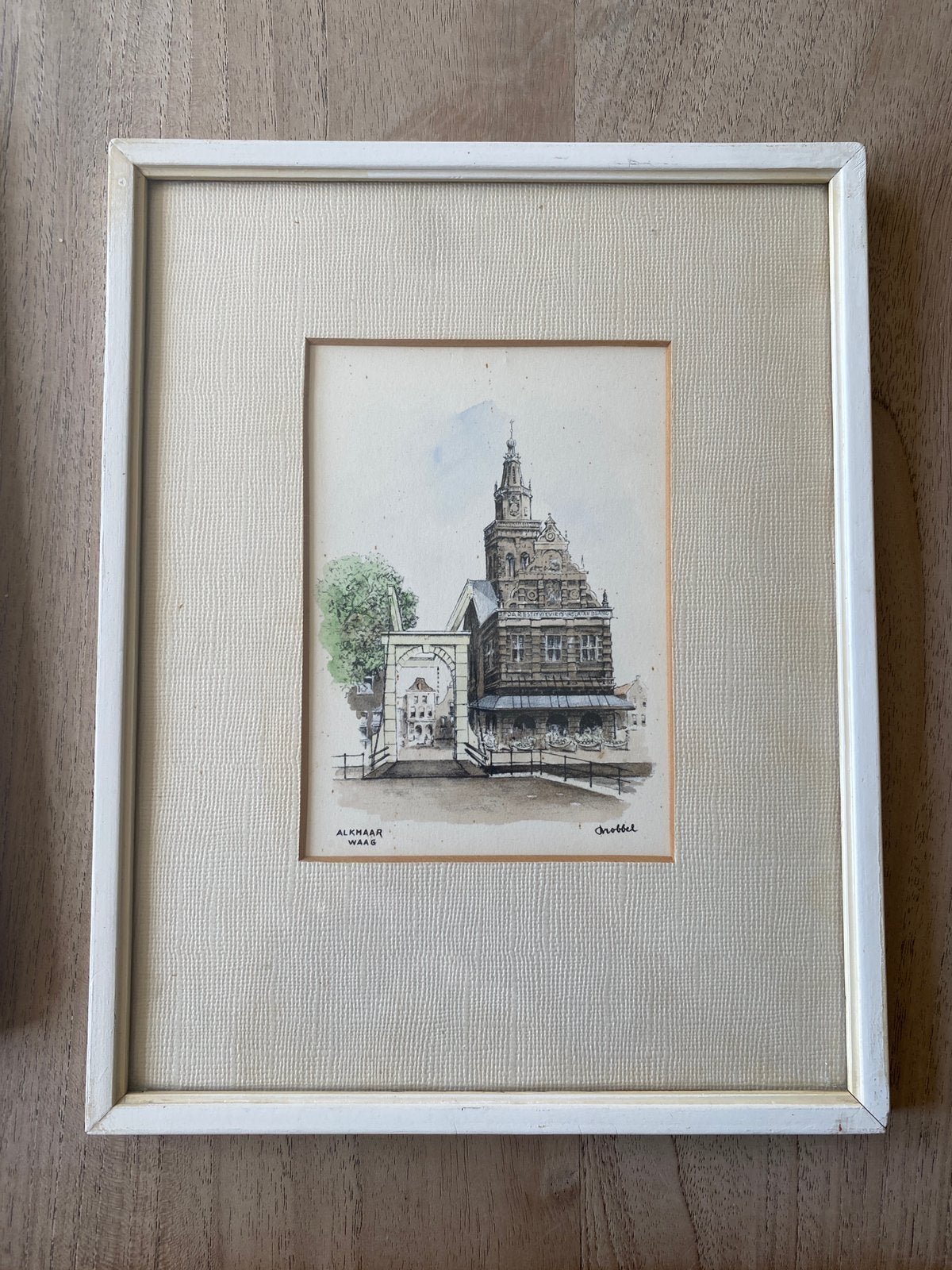 Ingekleurde litho Waagtoren Alkmaar door B Broddel, Ophalen of Verzenden, Stadsgezicht, Lithografie