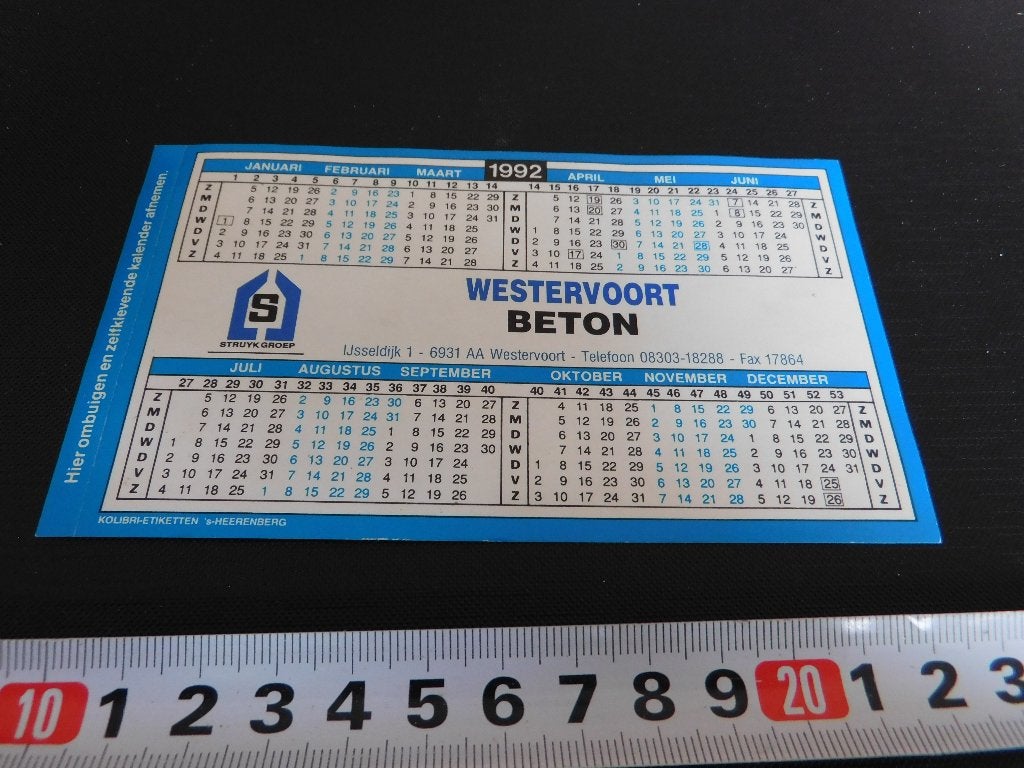 sticker Kalender 1992 WESTERVOORT BETON  Struyk Groep, Ophalen, Zo goed als nieuw