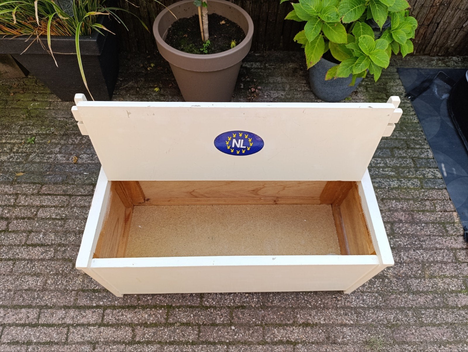 Houten opbergbankje met rugleuning, 50 – 75, Gebruikt, 50 tot 100 cm, Ophalen of Verzenden