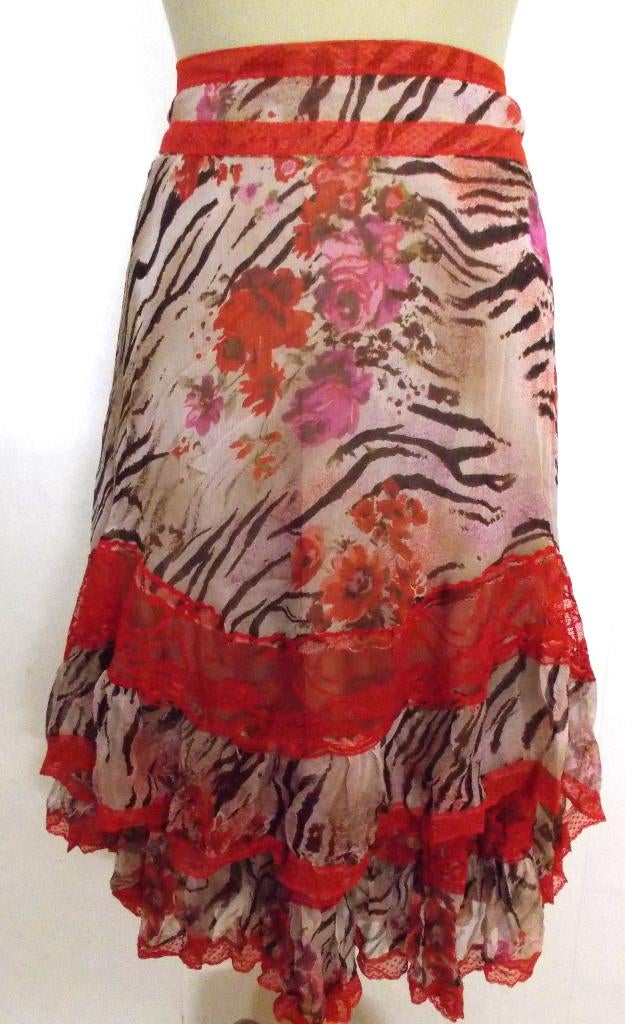 100% silk print stroken rok van Jeff Gallano! L, Verzenden, Maat 42/44 (L), Zo goed als nieuw, Rood
