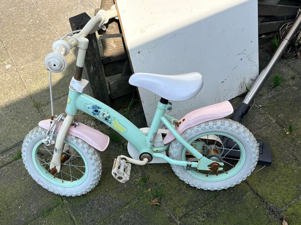 Kinderfietsje 12 inch  woezel en pip Mintgroen/Roze, Ophalen, Gebruikt, Velgrem, Minder dan 16 inch