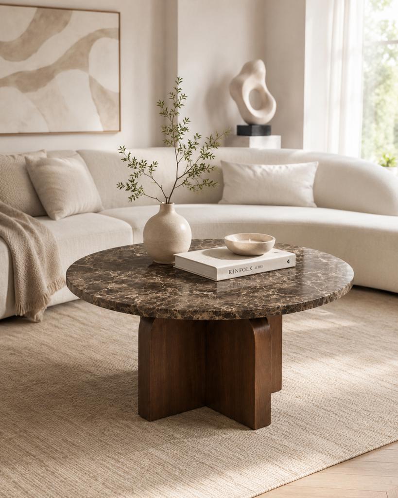 Luxe salontafel Ø90 cm  Dark Emperador marmer & walnoot poot, Overige materialen, 50 tot 100 cm, Rond, Nieuw