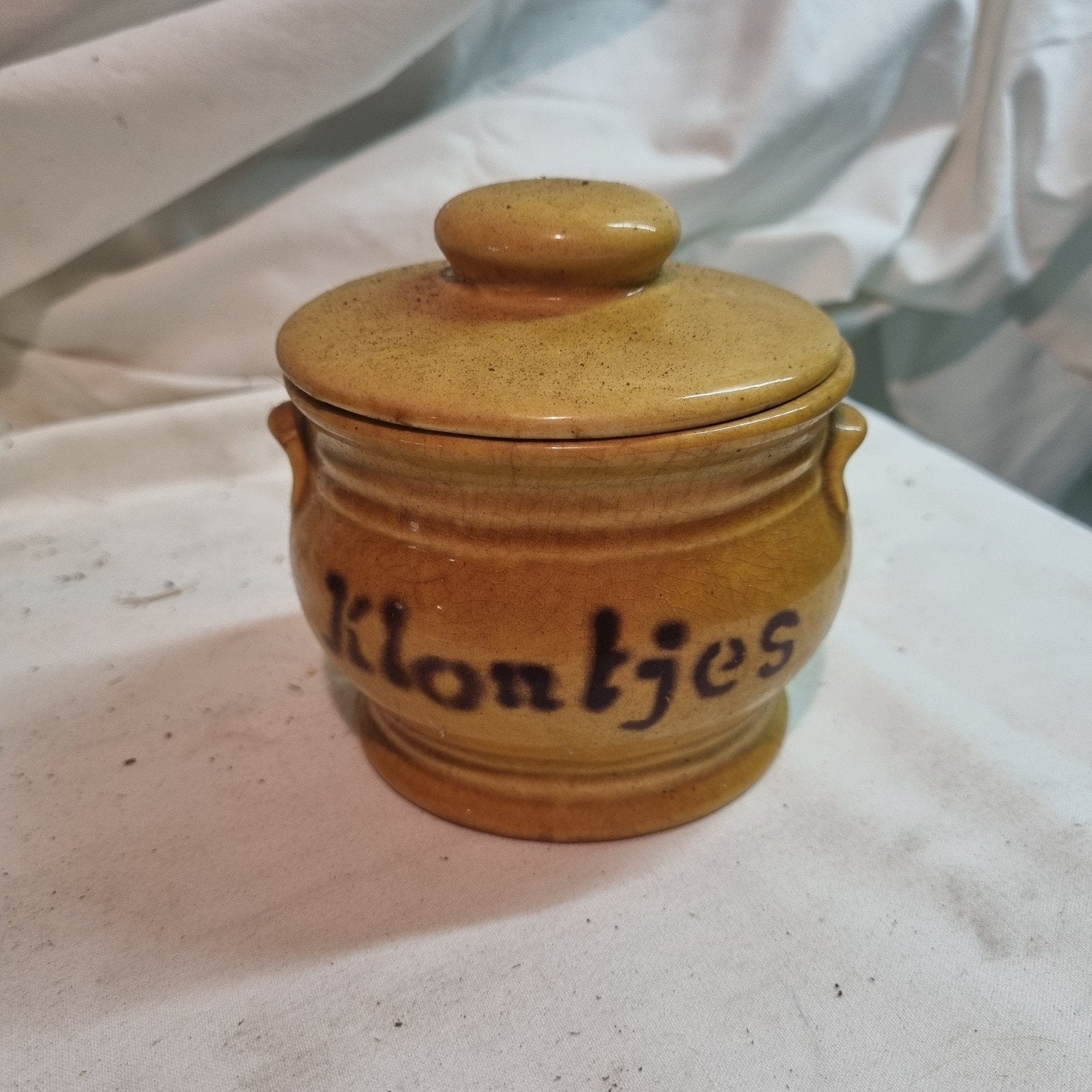 Vintage aardewerken pot 'Klontjes' - Geel/bruin, Antiek en Kunst, Ophalen of Verzenden