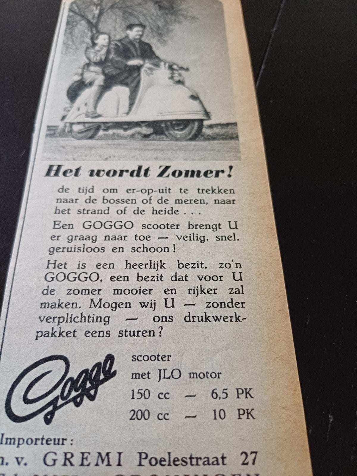 advertentie Goggo scooter het wordt zomer 1954, Ophalen of Verzenden, Gebruikt, Overige typen