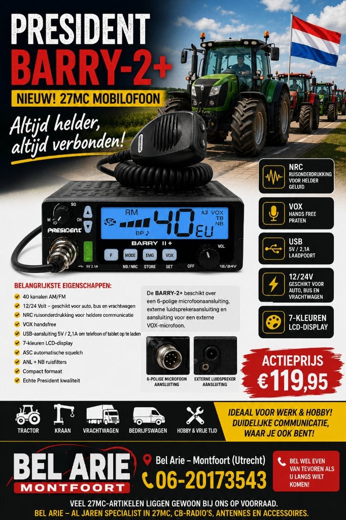 PRESIDENT BARRY-2+  NIEUW 27MC €119,95, Ophalen of Verzenden, Nieuw, Zender en Ontvanger
