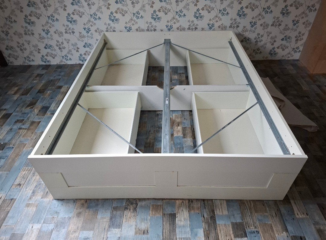 Wit tweepersoonsbed met opbergruimte, Huis en Inrichting, Slaapkamer | Bedden, Gebruikt, Wit, Modern met opbergruimte, Tweepersoons