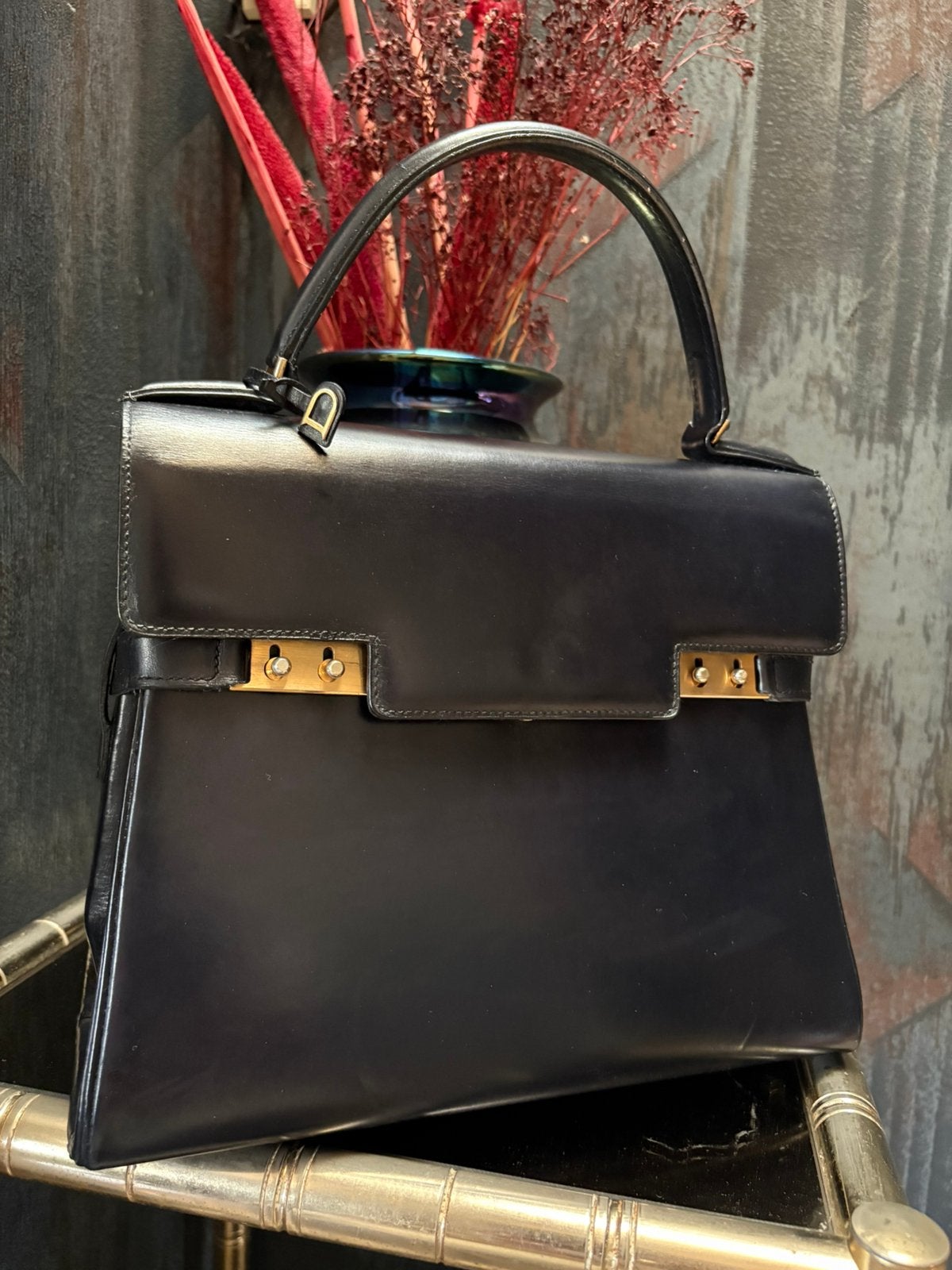DELVAUX TEMPÈTE MM vintage boxcalf marineblauw, Ophalen, Zo goed als nieuw, Blauw, Handtas