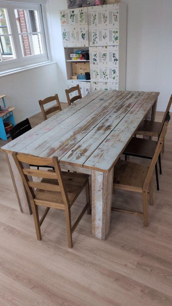 Steigerhouten tafel, Ophalen, Gebruikt, 200 cm of meer, 50 tot 100 cm